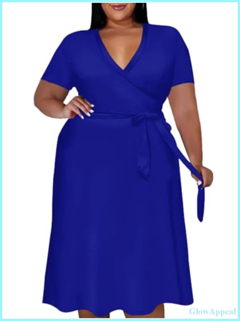 Plus Size Midi Wrap Dress with Belt and Pockets - 95% Polyester 5% Elastane